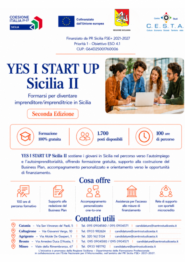 YES I START UP Sicilia II – Seconda Edizione Formazione gratuita per diventare imprenditori in Sicilia